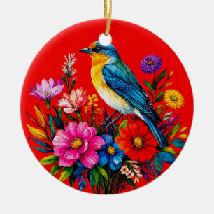 Décoration En Céramique Oiseau Bleu Perché Parmi Les Fleurs Colorées du Pr