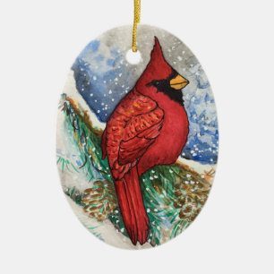 Décoration En Céramique Oiseau de Noël du Cardinal rouge de Woodland Oval