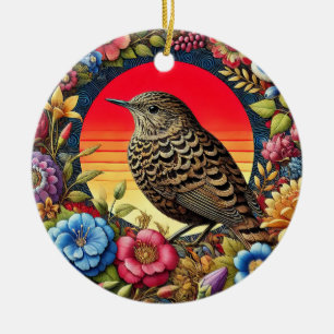 Décoration En Céramique Oiseau parmi des fleurs colorées