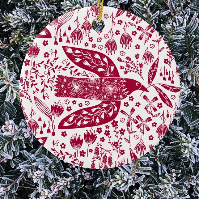Décoration En Céramique Oiseau rouge (Red and white peace dove art Christmas ornament)