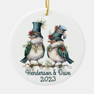 Décoration En Céramique Oiseaux de Noël Couple Green