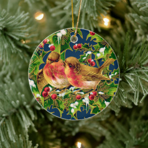 Décoration En Céramique Oiseaux de Noël Vintage Holly Faux Gold