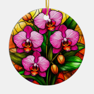 Décoration En Céramique Orchidées roses vibrantes et feuilles vertes