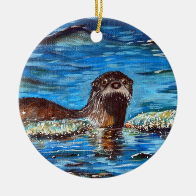 Décoration En Céramique Otter dans la peinture des vagues (Devant)