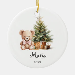Décoration En Céramique Ours à ruban rose Arbres Premier Noël de bébé