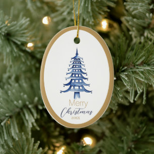 Décoration En Céramique Pagode Bleue Arbre de Noël