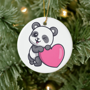 Décoration En Céramique Panda qui fait un clin d'œil avec un cœur rose