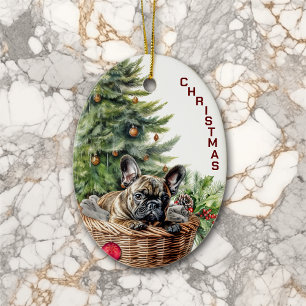 Décoration En Céramique Panier en osier de Bouledogue français Noël