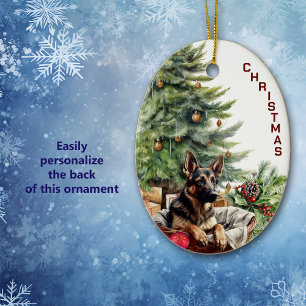 Décoration En Céramique Panier en osier pour chien berger allemand Noël