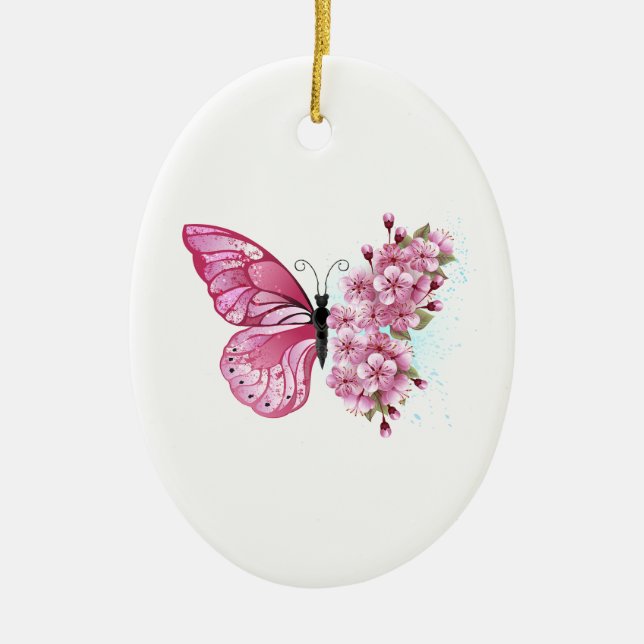 Décoration En Céramique Papillon à fleurs avec Sakura rose (Devant)