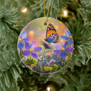 Décoration En Céramique Papillon minuscule sur les Fleurs sauvages au leve