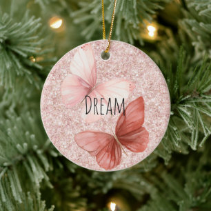 Décoration En Céramique Papillons de Noël Pailletés Rose Rouge