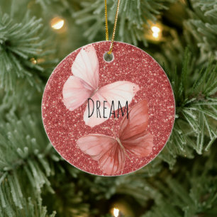 Décoration En Céramique Papillons de Noël Pailletés Rose Rouge