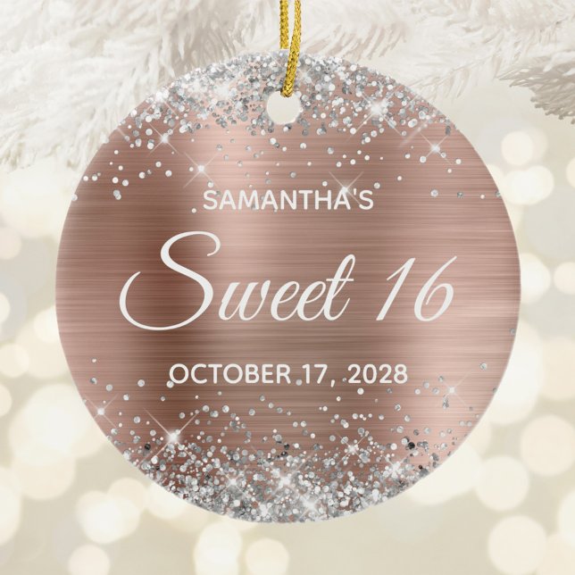 Décoration En Céramique Parties scintillant d'argent Rose or huile doux 16 (Silver Glitter Rose Gold Foil Sweet 16 Birthday Ceramic Ornament)