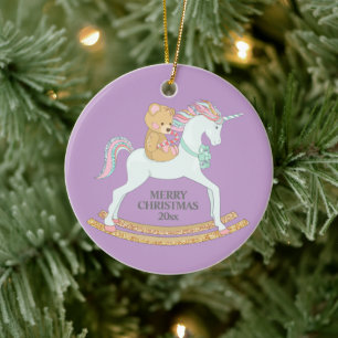 Décoration En Céramique Pastel Christmas Unicorn Rocking Horse sur violet