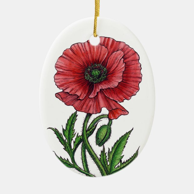 Décoration En Céramique Pavot rouge, aquarelle et encre (Devant)