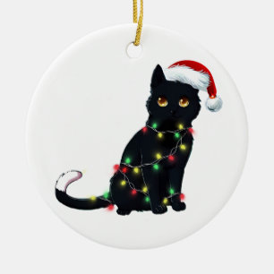Décoration En Céramique Père Noël Chat Noir Tangé Dans La Lumière De L'Arb
