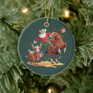 Décoration En Céramique Père Noël Cowboy Occidental Rodeo de Noël Cheval e