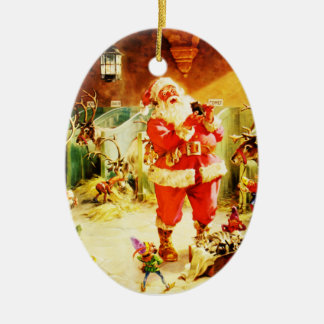 Décoration En Céramique Père Noël et ses elfes dans les écuries de Pôle