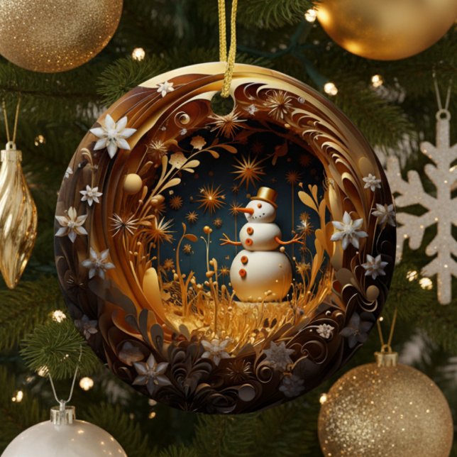 Décoration En Céramique Personalized Floral Snowman Christmas (cute elegant teal gold snowman personalized Christmas ornament keepsake with custom family name year)
