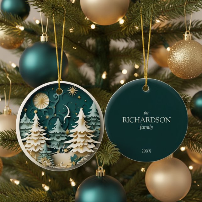 Décoration En Céramique Personalized Winter Christmas Tree (personalized 3D effect winter christmas tree forest ornament with custom family name and year )