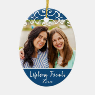 Décoration En Céramique Personnalisé Amis Photo 2-Côté Classique Bleu Noël