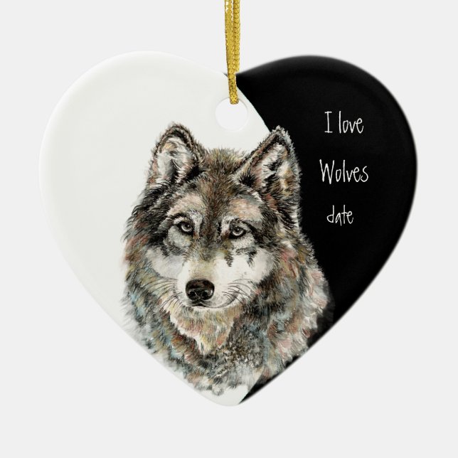 Décoration En Céramique Personnalisé Dated J'aime Loups, Aquarelle Animal (Devant)