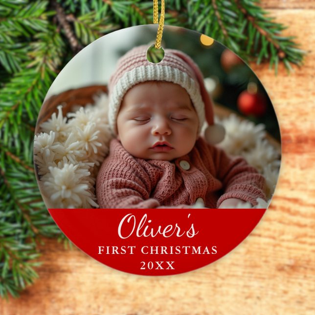 Décoration En Céramique Personnalisé Premier Noël Bébé Photo Rouge (Créateur téléchargé)