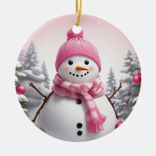 Décoration En Céramique Personnaliser : Happy Pink Scarf Xmas Snowman (Devant)