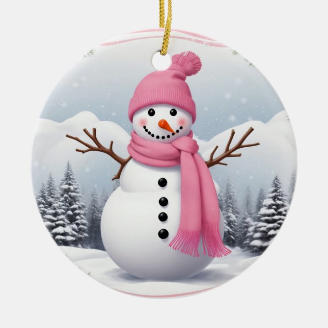 Décoration En Céramique Personnaliser : Pink Scarf Xmas Snowman (Devant)