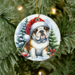 Décoration En Céramique Petit Bulldog dans une aquarelle de Santa Hat