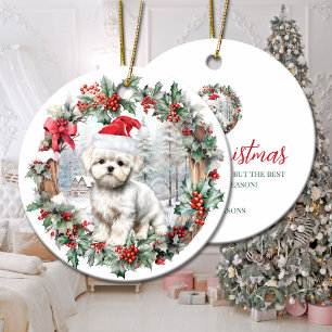 Décoration En Céramique Petit chapeau de Noël maltais chien chiot de Santa