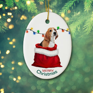 Décoration En Céramique Petit chien Beagle en sac cadeau Noël