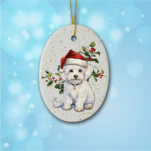 Décoration En Céramique Petit chien maltais Noël Holly