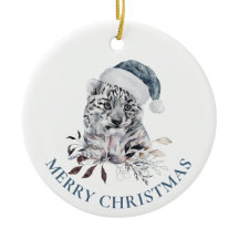 Petit tigre mignon en bleu chapeau de Père Noël Jo