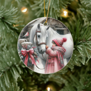 Décoration En Céramique Petite fille et un cheval Noël rustique à la ferme