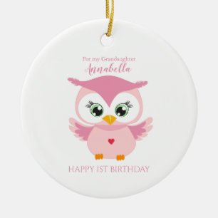 Décoration En Céramique Petite-fille Premier Anniversaire Chouette Rose Mi