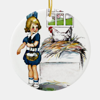 Décoration En Céramique Petite fille rassemblant des oeufs