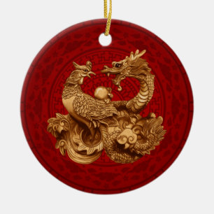 Décoration En Céramique Phoenix et Dragon en rouge