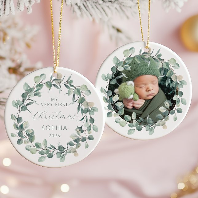 Décoration En Céramique Photo Baby First Christmas Eucalyptus Wreath (Créateur téléchargé)
