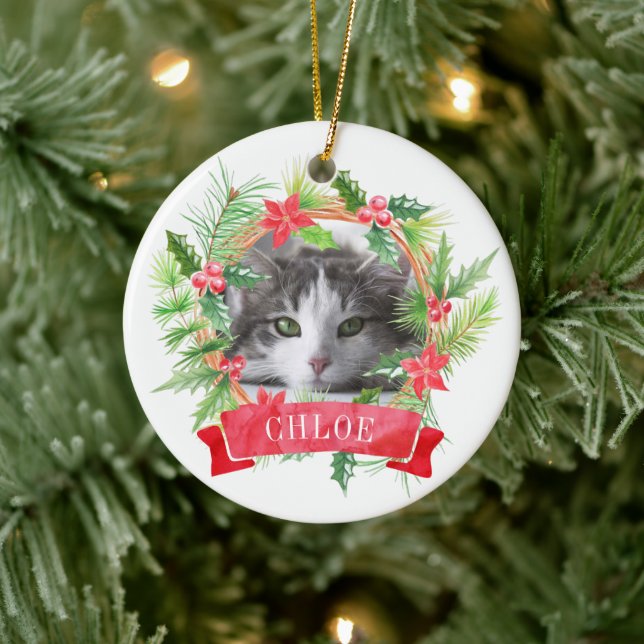 Décoration En Céramique Photo de chat Holly Wreath (Arbre)