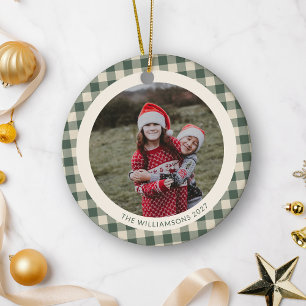 Décoration En Céramique Photo de famille de Noël en plaid buffle vert rust