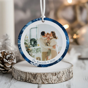Décoration En Céramique Photo de Noël au flocon de neige bleu élégant