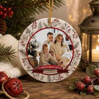 Décoration En Céramique Photo de Noël Evergreen, Holly, Baies Rouges |
