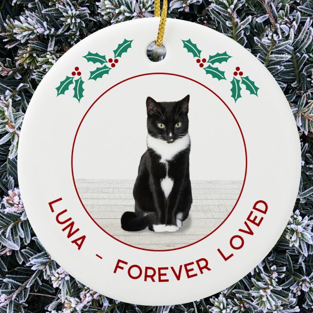 Décoration En Céramique Photo de Noël personnalisé en mémoire d'un chat de (Personalized name text pet cat memorial photo Christmas ornament)