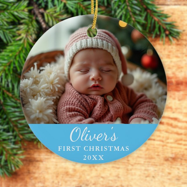 Décoration En Céramique Photo de Noël personnalisée Bébé bleu (Créateur téléchargé)