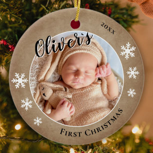 Décoration En Céramique Photo du prénom rustique de Noël du bébé