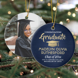 Décoration En Céramique Photo Graduation Congrats Brossé Marine Or Blanc