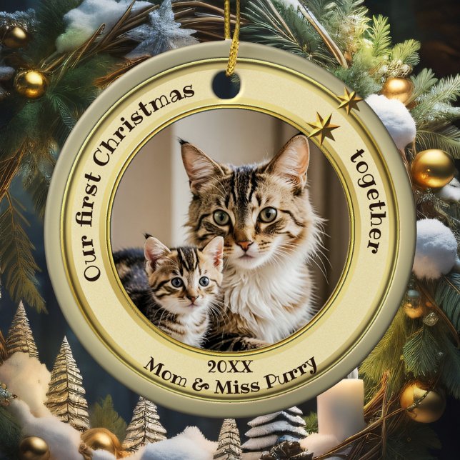 Décoration En Céramique Photo Green Gold First Christmas Together Cat (Elegant ornament featuring your custom photo framed by a pastel green gold design with stars)