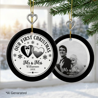 Décoration En Céramique Photo personnalisé de Noël élégant en noir et blan
